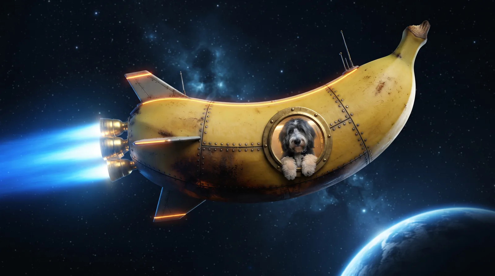 A banana built like a spacecraft — riveted hull panels, swept fins and engine nozzles trailing blue plasma — flying past a planet, with a shaggy sheepadoodle looking out of a brass porthole in its side