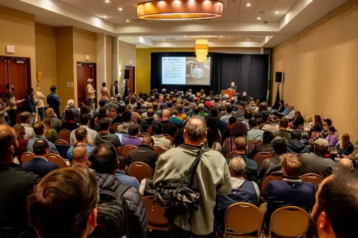 A ballroom so full that people stand along the back to watch