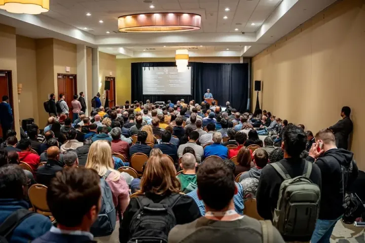 Ben Ilegbodu of Netflix at the podium in a full breakout room, seen from the back of the crowd