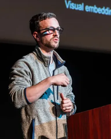 Matt Hamann, co-founder and CTO of Rownd, explaining a live demo beneath a slide on visual embeddings