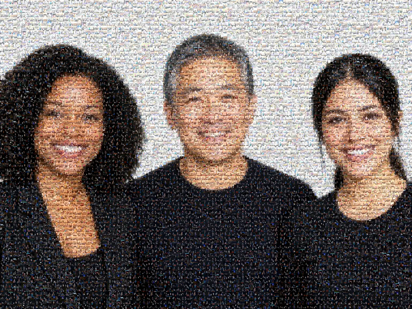 Three smiling faces made up of hundreds of small photographs from All Things AI events