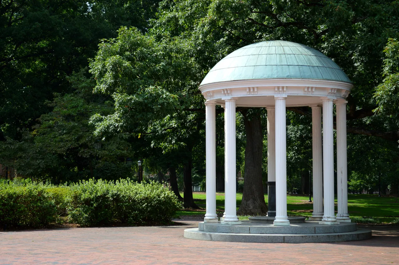 The Old Well at UNC-Chapel Hill: a white columned rotunda with a green copper dome, standing among tall trees on a brick plaza.